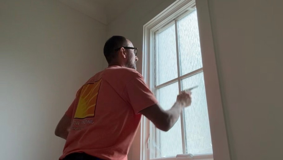Ice Forest decorative privacy film installed on master bathroom windows in Tuxedo Park, Buckhead GA by Sungate — complete privacy with natural light