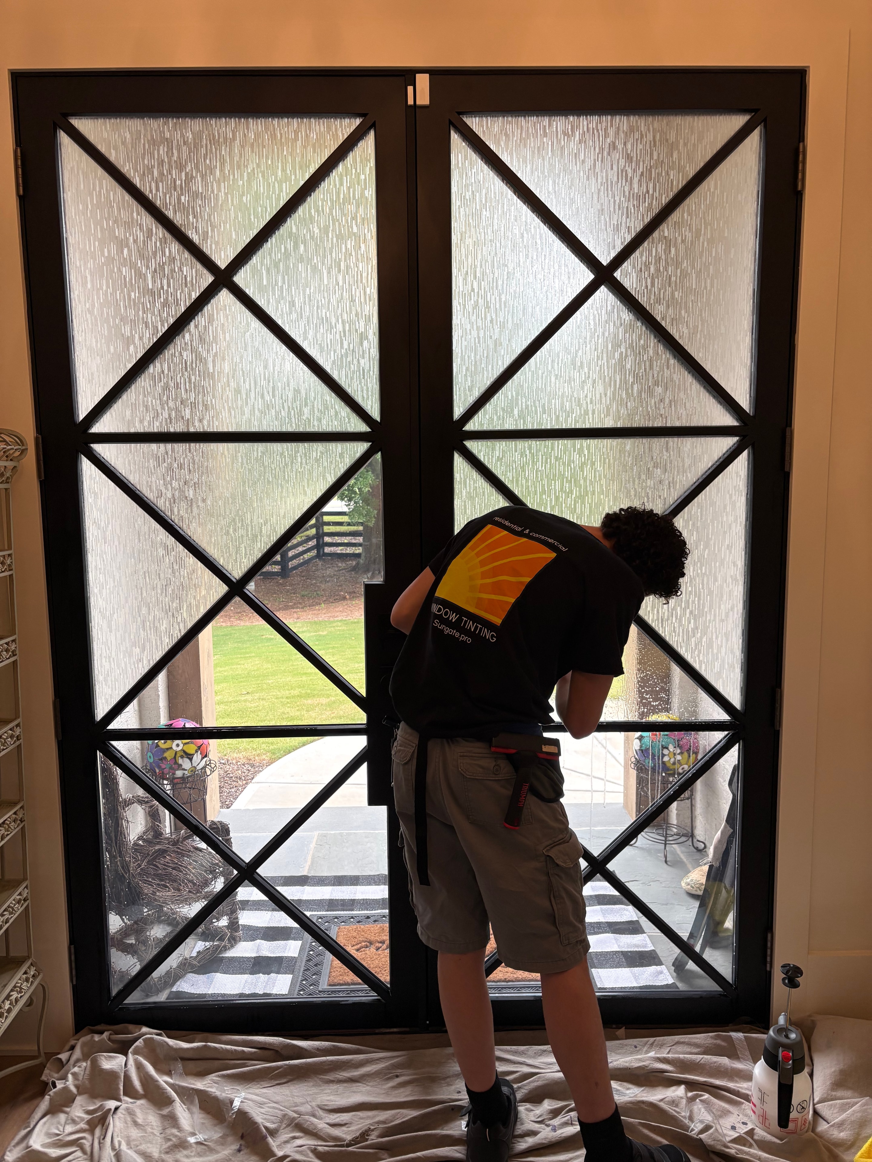 Forest Ice decorative privacy film installed in Woodstock GA by Sungate installer Evan