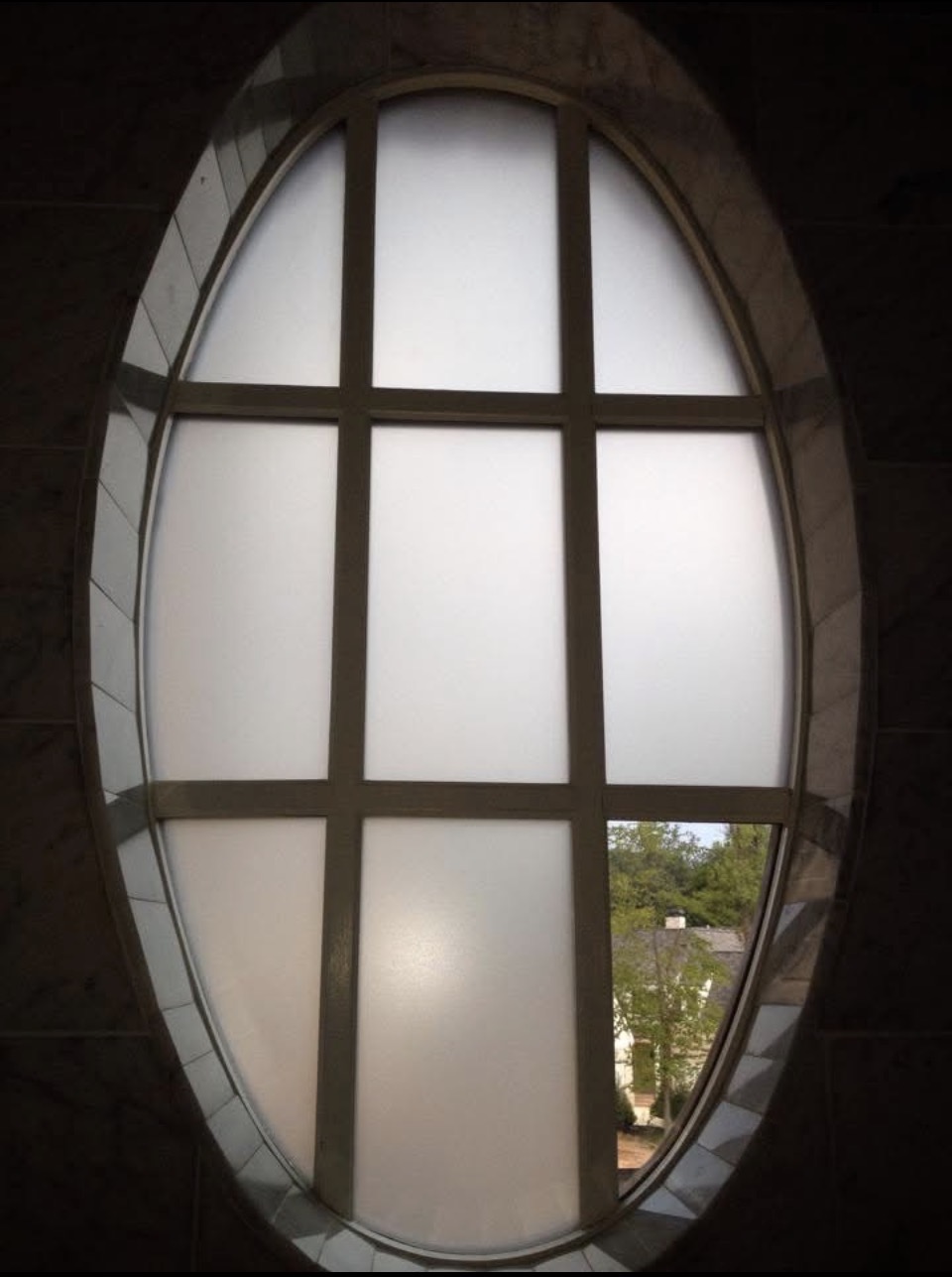 Technician applying window film to floor-level glass panels